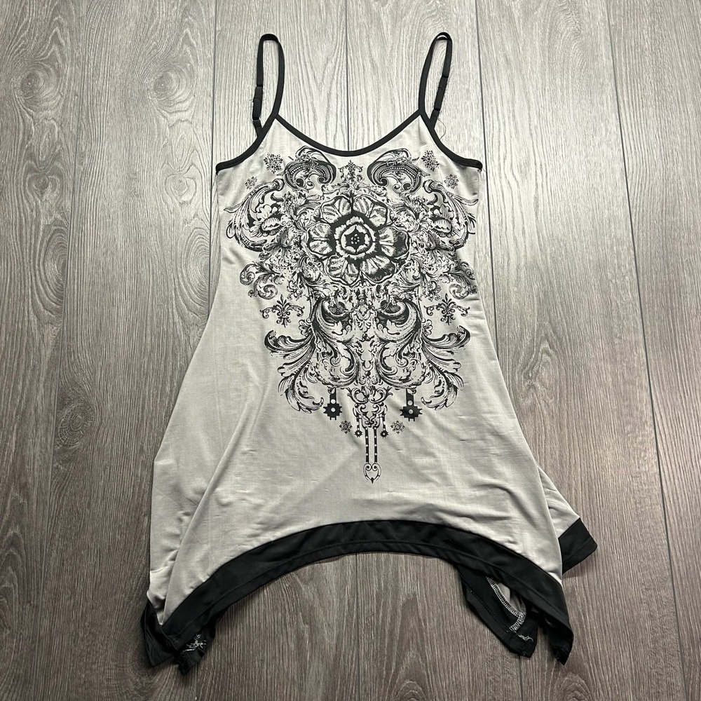 Candy Couture Y2K Grey Black Medium Filigree Graphic Handkerchief Hem Tunic Top